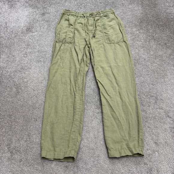 Zara Pants - Zara Linen Ankle Straight Leg Trouser Pants Womens Medium Green Elastic Waist